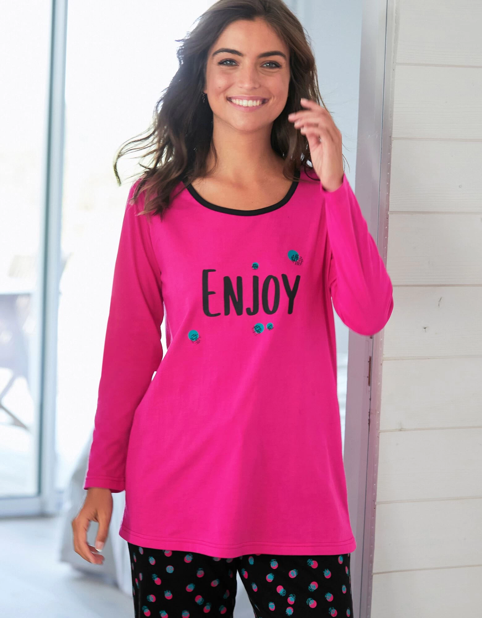 Tee-shirt Manches Longues Coton Uni Imprimé Placé "Enjoy" 3 Tee-shirt Manches Longues Coton Uni Imprimé Placé "Enjoy"