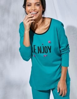 Tee-shirt Manches Longues Coton Uni Imprimé Placé "Enjoy"