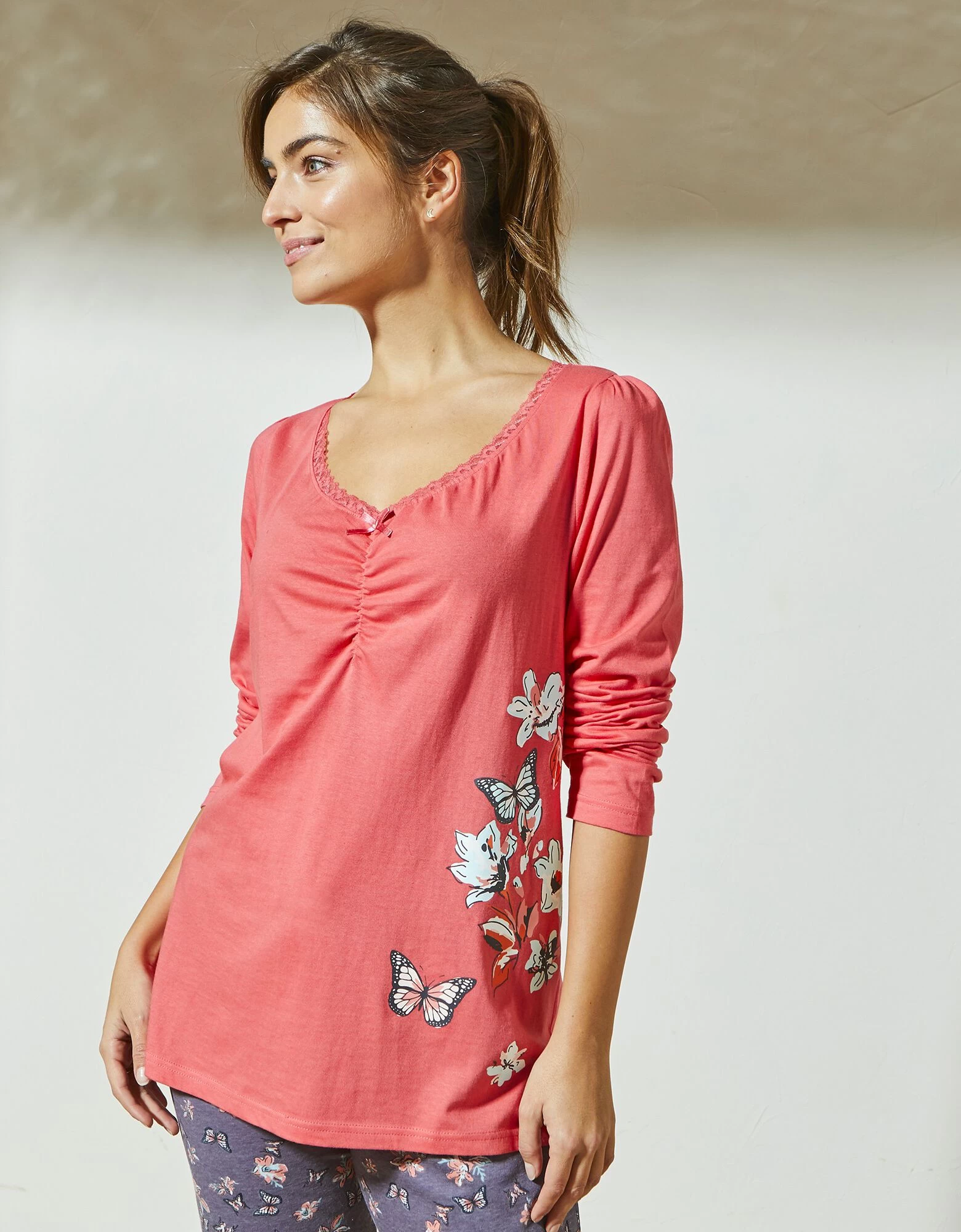 T-shirt Pyjama Manches Longues Imprimé Placé Papillons 3 T-shirt Pyjama Manches Longues Imprimé Placé Papillons