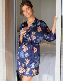 Kimono Court Satin Imprimé Floral